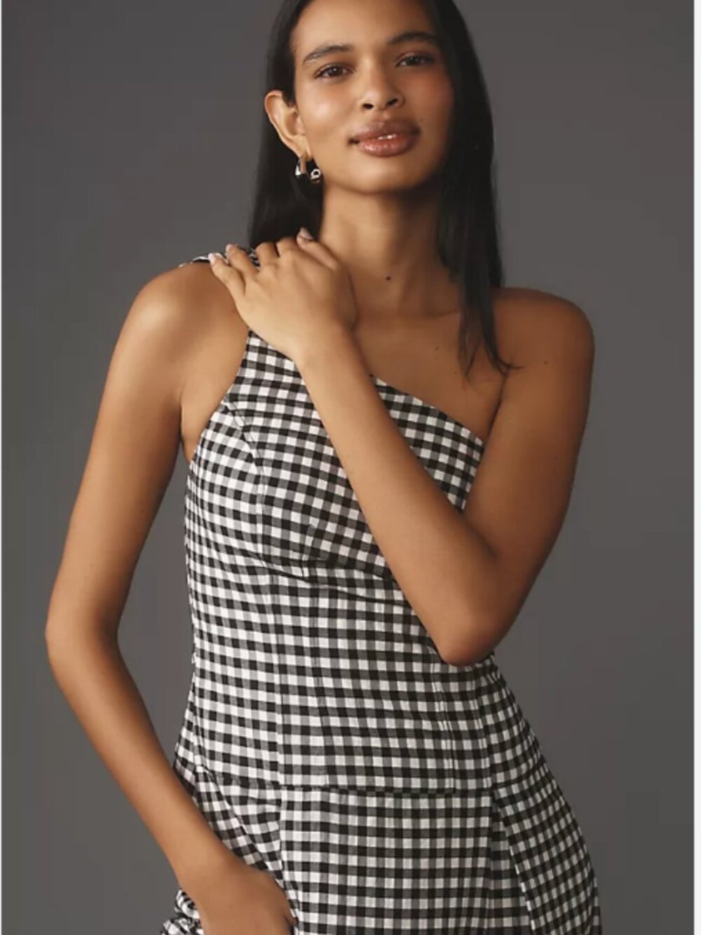 NWT Anthropologie One-Shoulder Gingham Midi Dress - Medium POCKETS! - Picture 2 of 8